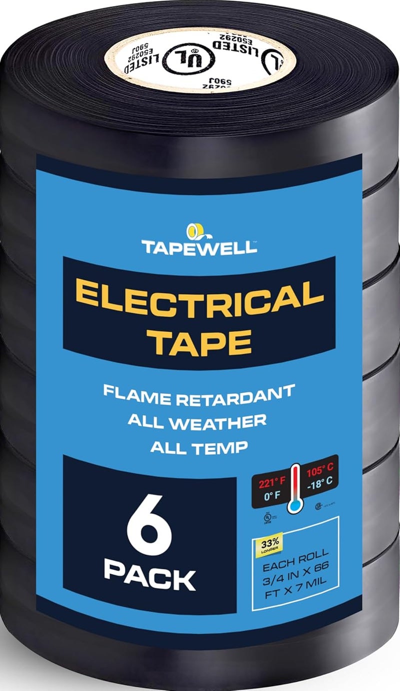 TAPEWELL Black Electric Tape - Professional Grade - 3/4 in x 66ft - PVC Electrical Insulating Tape for All Weather Waterproof Tape - Black Tape - Home Improvement Electrical Equipment (Pack of 6) - Image 1